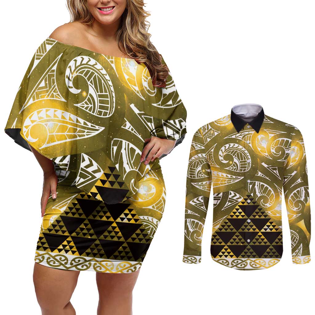 Matariki New Zealand Couples Matching Off Shoulder Short Dress and Long Sleeve Button Shirt NZ Niho Taniwha Maori New Year Yellow Galaxy LT14 Yellow - Polynesian Pride
