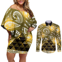 Matariki New Zealand Couples Matching Off Shoulder Short Dress and Long Sleeve Button Shirt NZ Niho Taniwha Maori New Year Yellow Galaxy LT14 Yellow - Polynesian Pride