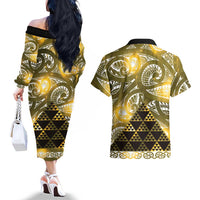 Matariki New Zealand Couples Matching Off The Shoulder Long Sleeve Dress and Hawaiian Shirt NZ Niho Taniwha Maori New Year Yellow Galaxy LT14 - Polynesian Pride