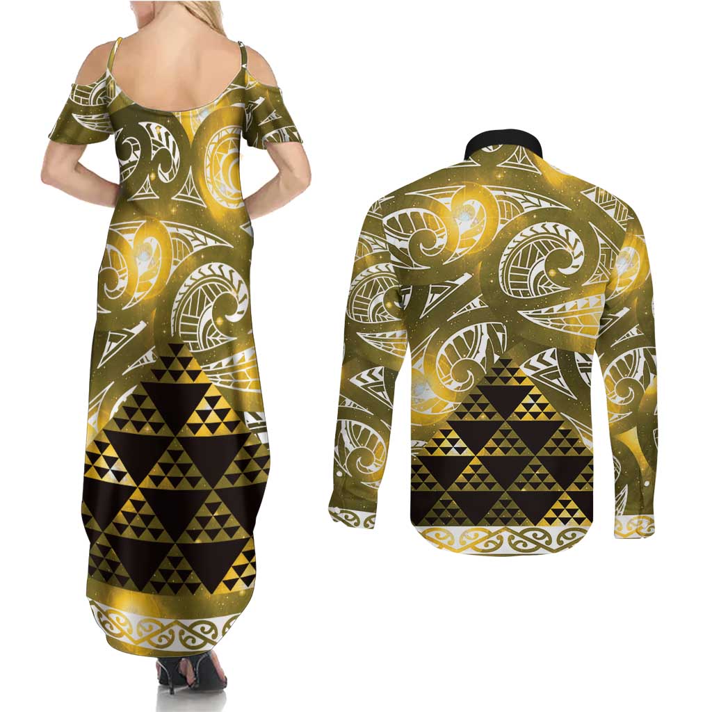 Matariki New Zealand Couples Matching Summer Maxi Dress and Long Sleeve Button Shirt NZ Niho Taniwha Maori New Year Yellow Galaxy LT14 - Polynesian Pride