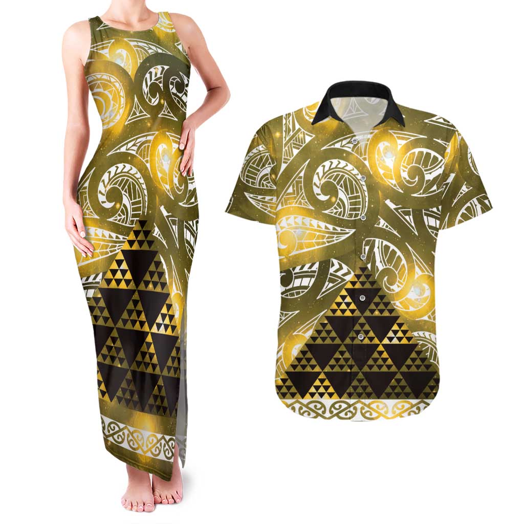 Matariki New Zealand Couples Matching Tank Maxi Dress and Hawaiian Shirt NZ Niho Taniwha Maori New Year Yellow Galaxy LT14 Yellow - Polynesian Pride