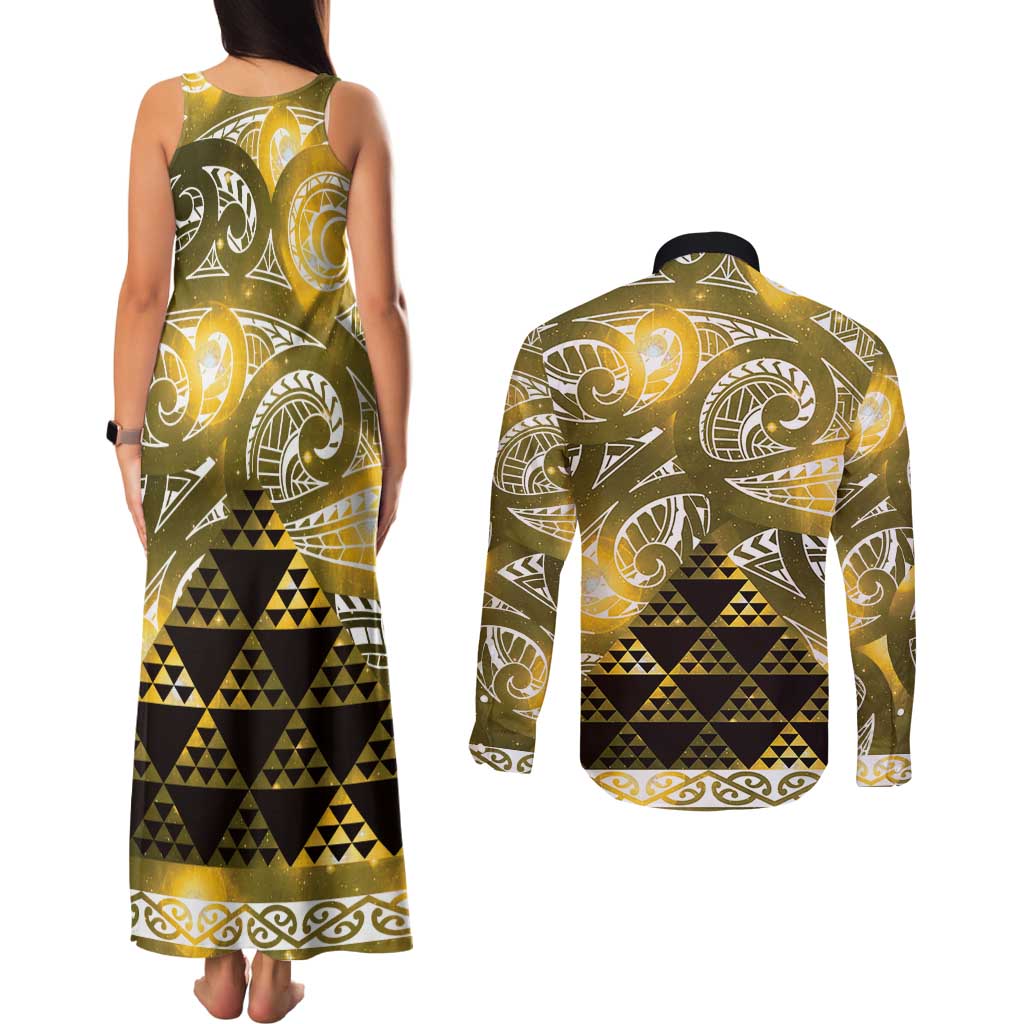 Matariki New Zealand Couples Matching Tank Maxi Dress and Long Sleeve Button Shirt NZ Niho Taniwha Maori New Year Yellow Galaxy LT14 - Polynesian Pride