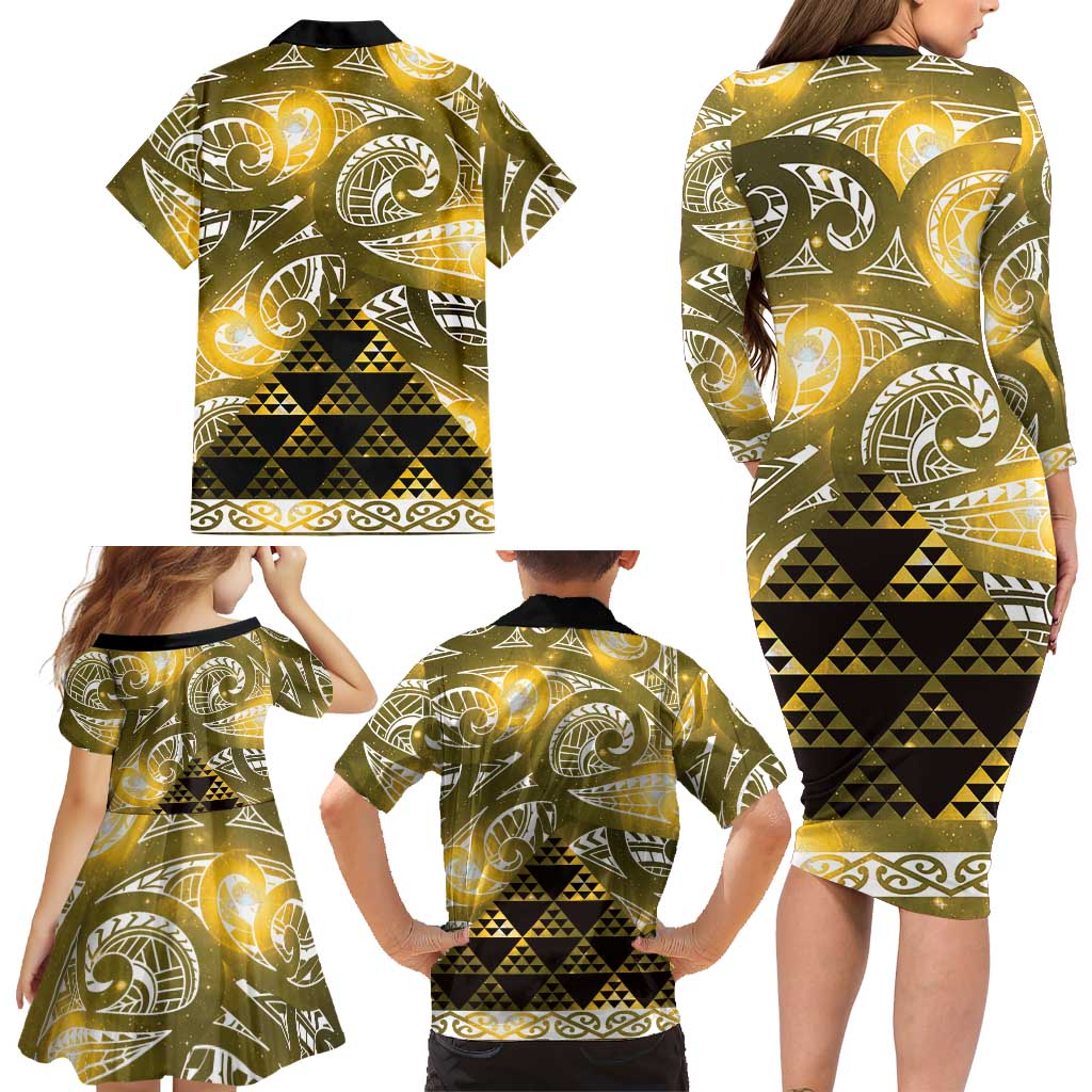 Matariki New Zealand Family Matching Long Sleeve Bodycon Dress and Hawaiian Shirt NZ Niho Taniwha Maori New Year Yellow Galaxy LT14 - Polynesian Pride