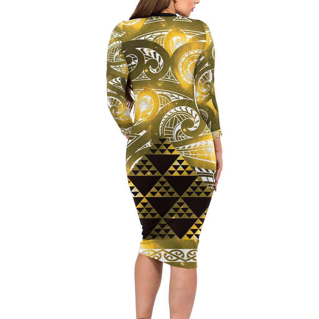 Matariki New Zealand Family Matching Long Sleeve Bodycon Dress and Hawaiian Shirt NZ Niho Taniwha Maori New Year Yellow Galaxy LT14 - Polynesian Pride