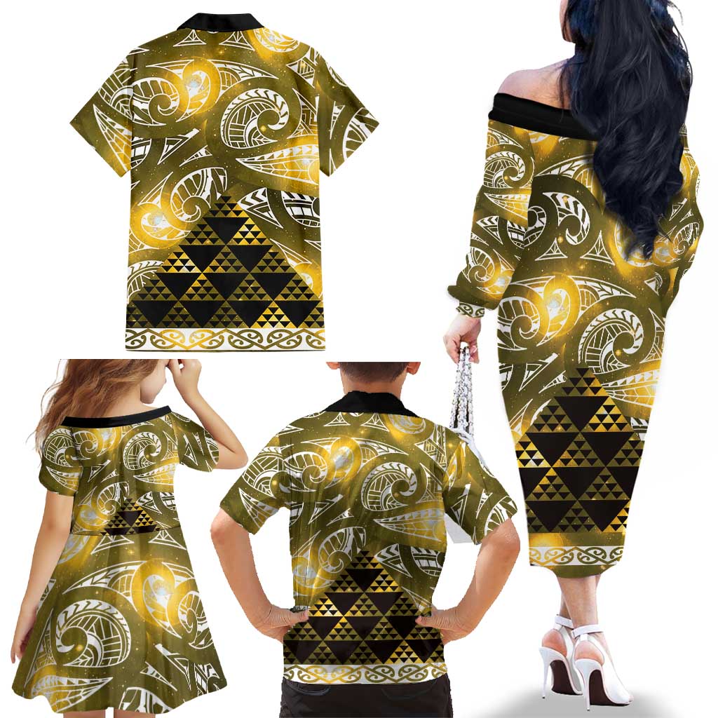 Matariki New Zealand Family Matching Off The Shoulder Long Sleeve Dress and Hawaiian Shirt NZ Niho Taniwha Maori New Year Yellow Galaxy LT14 - Polynesian Pride
