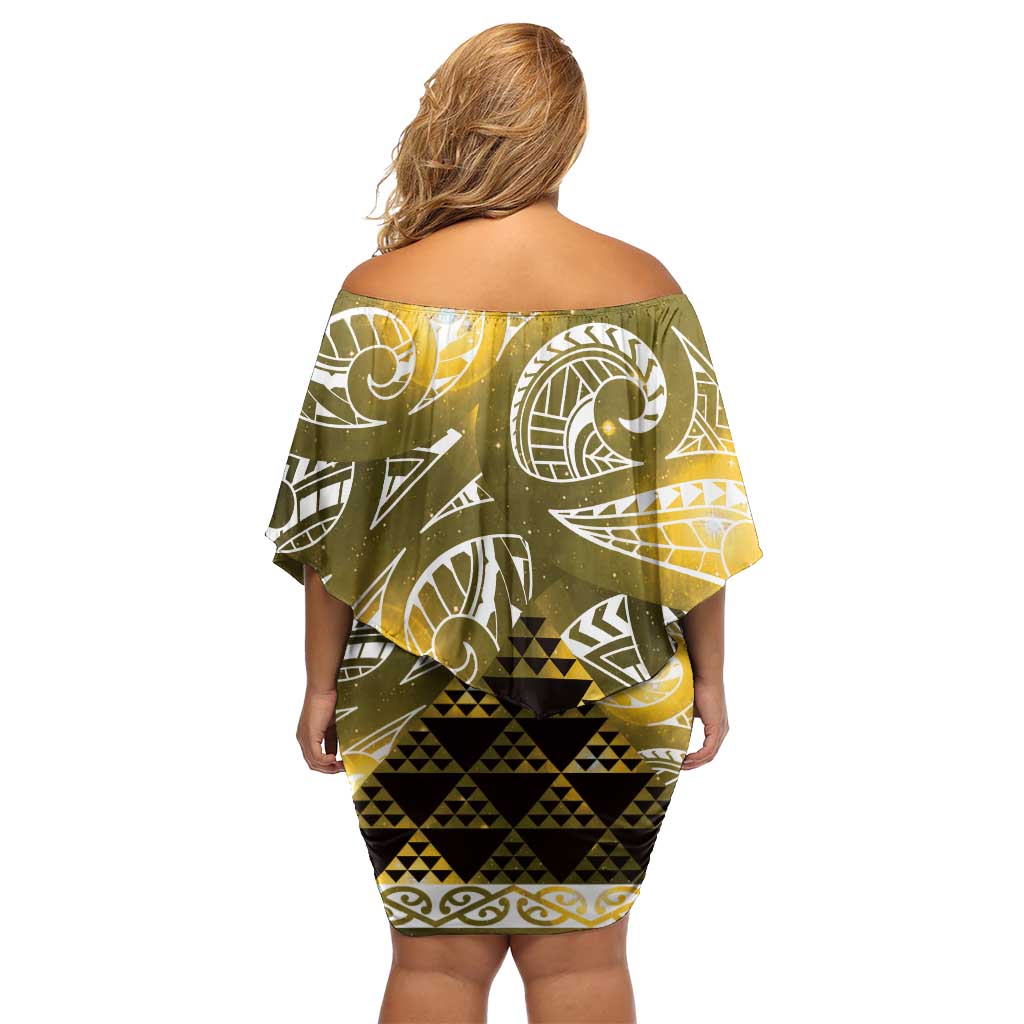 Matariki New Zealand Family Matching Off Shoulder Short Dress and Hawaiian Shirt NZ Niho Taniwha Maori New Year Yellow Galaxy LT14 - Polynesian Pride