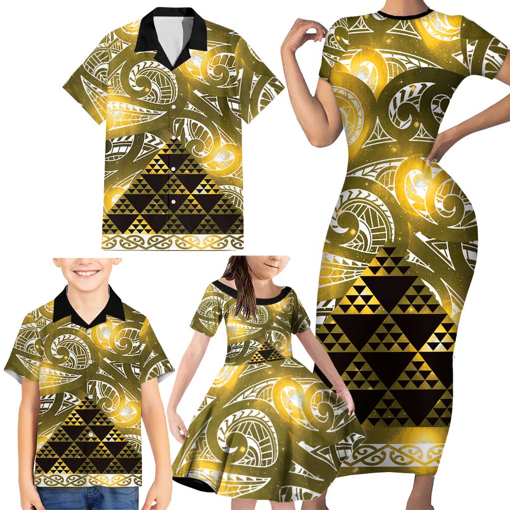 Matariki New Zealand Family Matching Short Sleeve Bodycon Dress and Hawaiian Shirt NZ Niho Taniwha Maori New Year Yellow Galaxy LT14 - Polynesian Pride