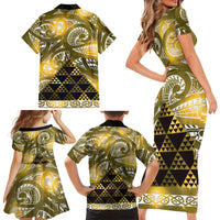 Matariki New Zealand Family Matching Short Sleeve Bodycon Dress and Hawaiian Shirt NZ Niho Taniwha Maori New Year Yellow Galaxy LT14 - Polynesian Pride