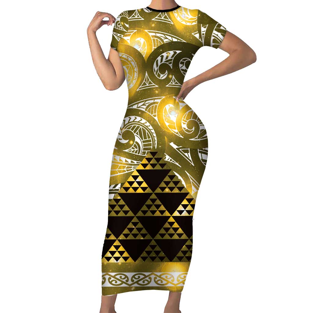 Matariki New Zealand Family Matching Short Sleeve Bodycon Dress and Hawaiian Shirt NZ Niho Taniwha Maori New Year Yellow Galaxy LT14 Mom's Dress Yellow - Polynesian Pride