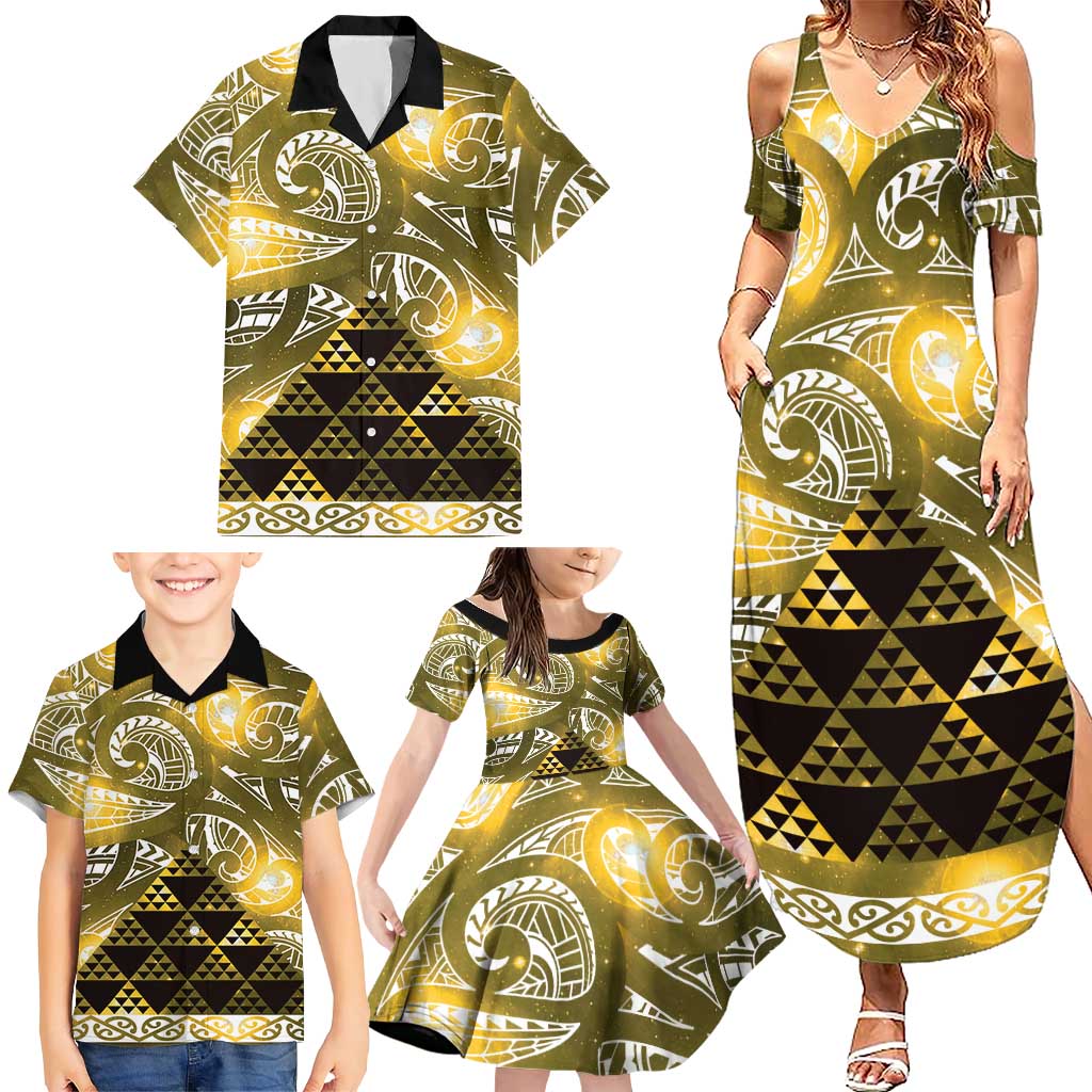 Matariki New Zealand Family Matching Summer Maxi Dress and Hawaiian Shirt NZ Niho Taniwha Maori New Year Yellow Galaxy LT14 - Polynesian Pride