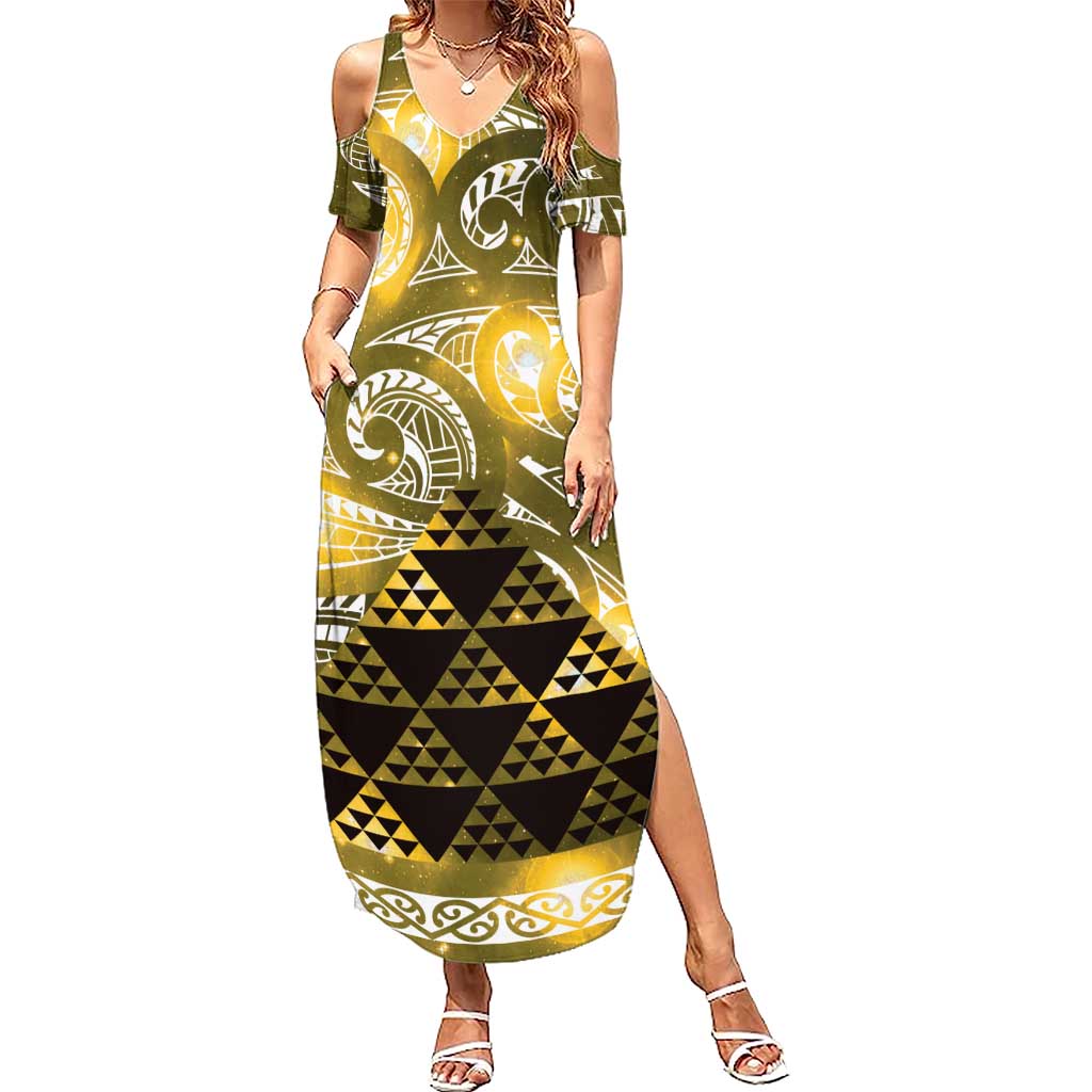 Matariki New Zealand Family Matching Summer Maxi Dress and Hawaiian Shirt NZ Niho Taniwha Maori New Year Yellow Galaxy LT14 Mom's Dress Yellow - Polynesian Pride