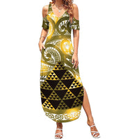 Matariki New Zealand Family Matching Summer Maxi Dress and Hawaiian Shirt NZ Niho Taniwha Maori New Year Yellow Galaxy LT14 Mom's Dress Yellow - Polynesian Pride