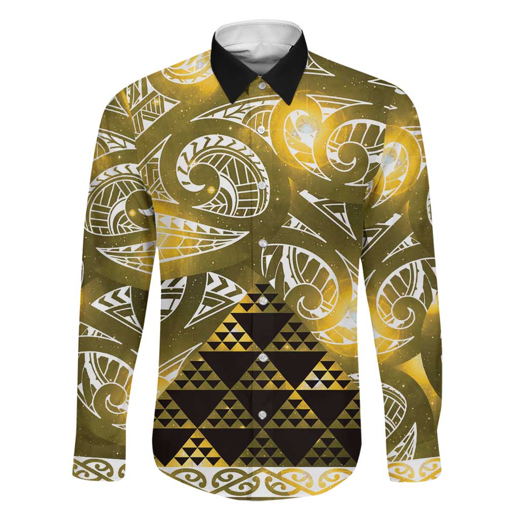 Matariki New Zealand Family Matching Tank Maxi Dress and Hawaiian Shirt NZ Niho Taniwha Maori New Year Yellow Galaxy LT14 Dad's Shirt - Long Sleeve Yellow - Polynesian Pride