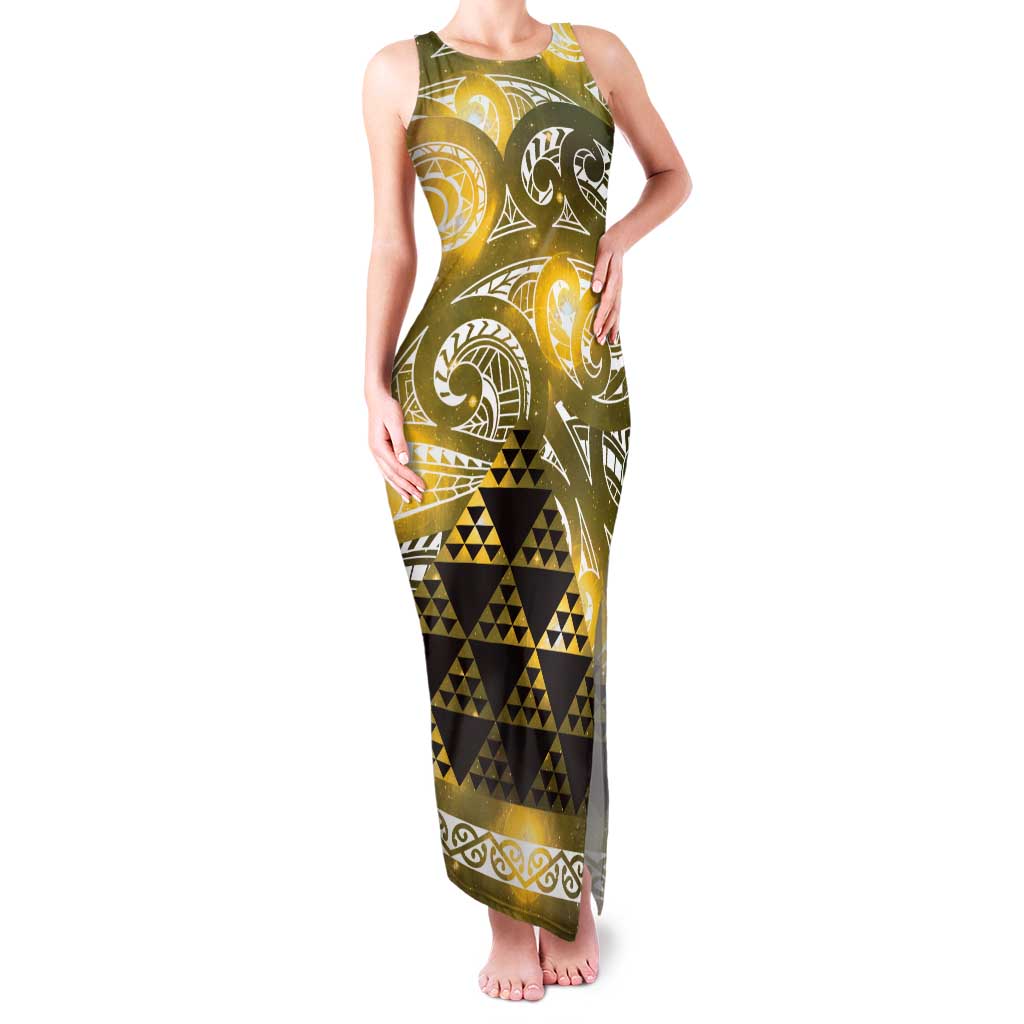 Matariki New Zealand Family Matching Tank Maxi Dress and Hawaiian Shirt NZ Niho Taniwha Maori New Year Yellow Galaxy LT14 Mom's Dress Yellow - Polynesian Pride