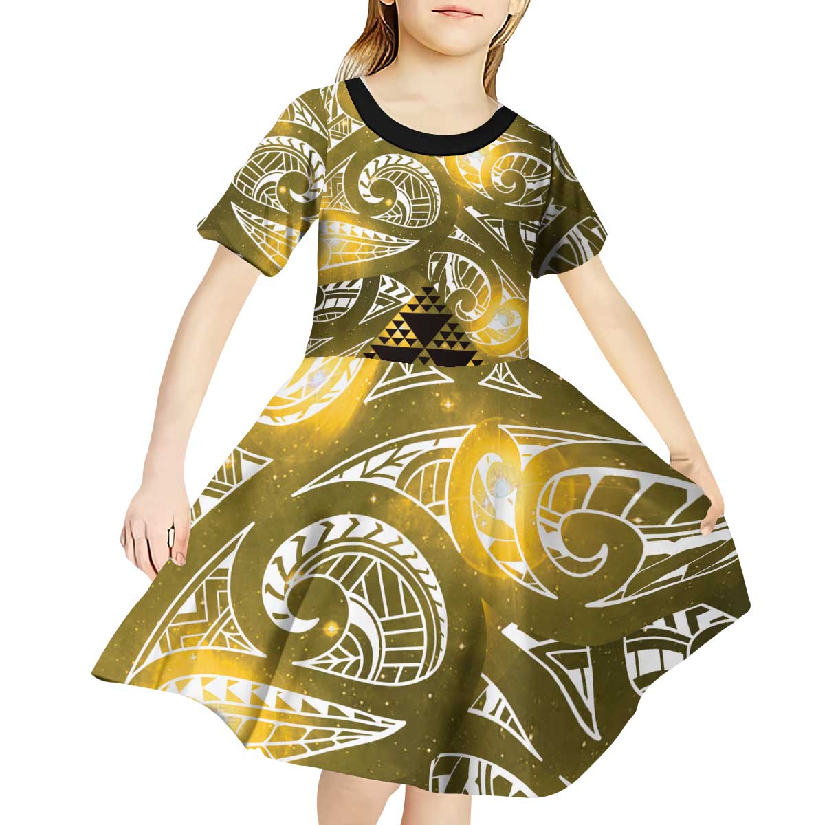 Matariki New Zealand Kid Short Sleeve Dress NZ Niho Taniwha Maori New Year Yellow Galaxy