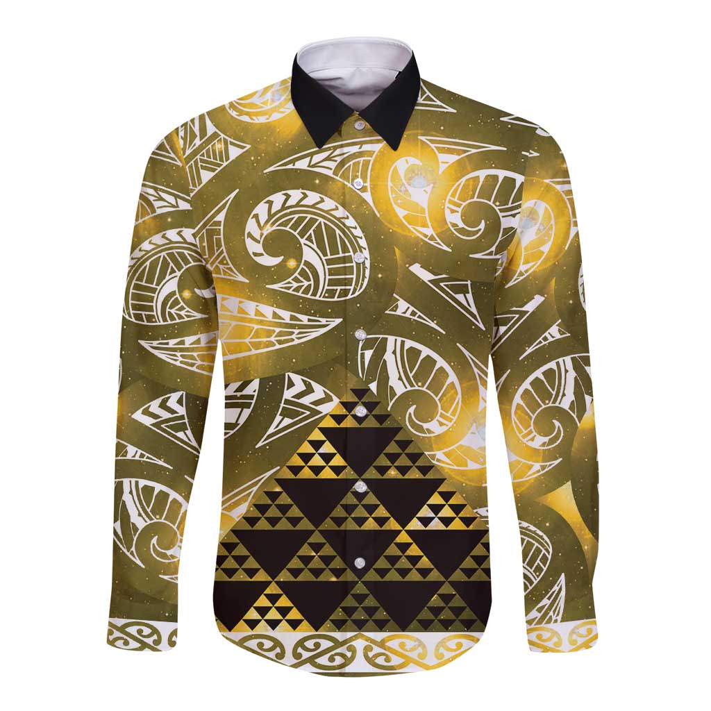 Matariki New Zealand Long Sleeve Button Shirt NZ Niho Taniwha Maori New Year Yellow Galaxy