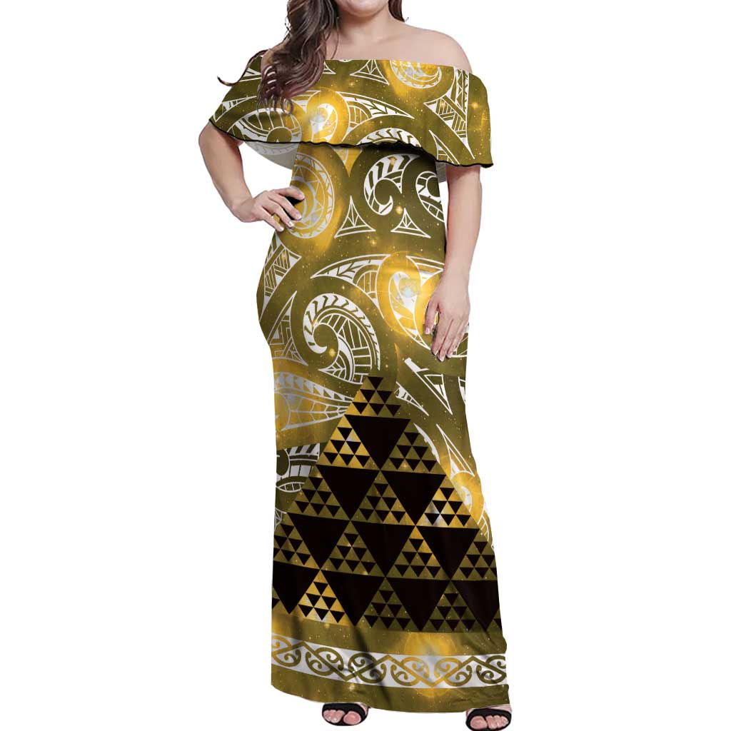 Matariki New Zealand Off Shoulder Maxi Dress NZ Niho Taniwha Maori New Year Yellow Galaxy