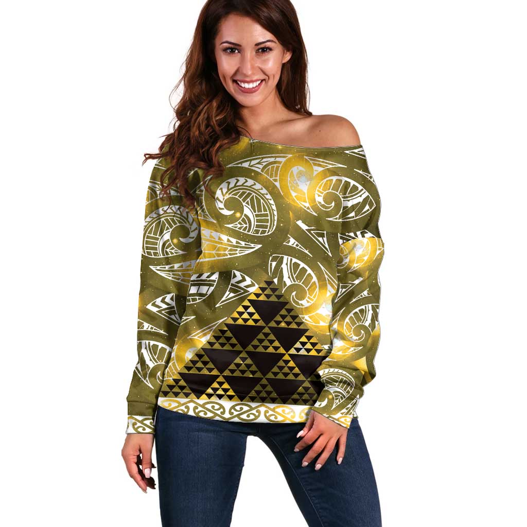 Matariki New Zealand Off Shoulder Sweater NZ Niho Taniwha Maori New Year Yellow Galaxy