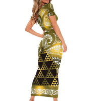 Matariki New Zealand Short Sleeve Bodycon Dress NZ Niho Taniwha Maori New Year Yellow Galaxy