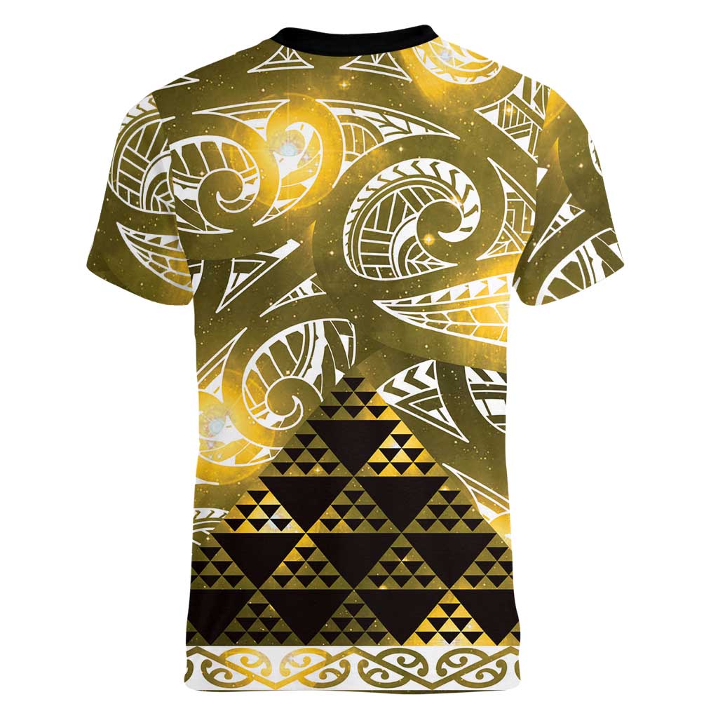 Matariki New Zealand Women V-Neck T-Shirt NZ Niho Taniwha Maori New Year Yellow Galaxy LT14 - Polynesian Pride