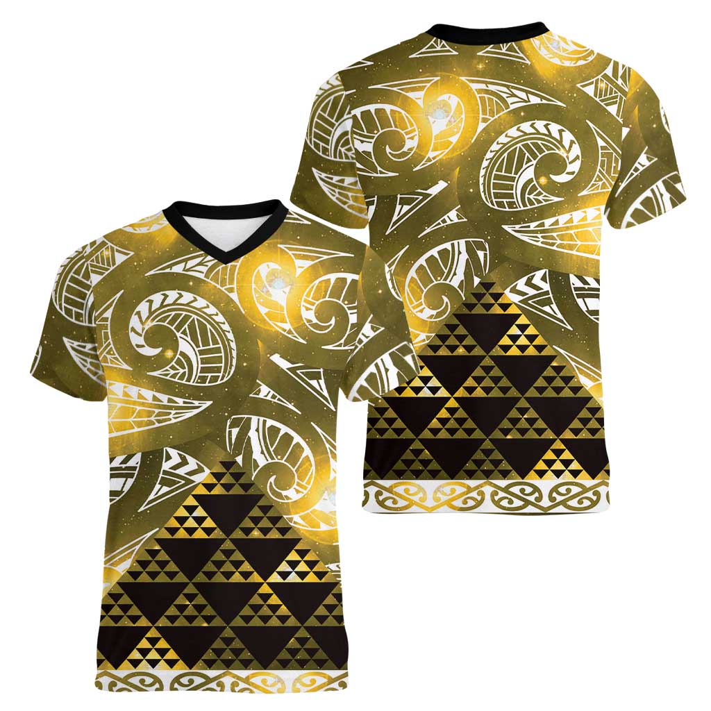 Matariki New Zealand Women V-Neck T-Shirt NZ Niho Taniwha Maori New Year Yellow Galaxy LT14 - Polynesian Pride