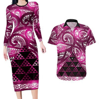Matariki New Zealand Couples Matching Long Sleeve Bodycon Dress and Hawaiian Shirt NZ Niho Taniwha Maori New Year Pink Galaxy LT14 Pink - Polynesian Pride