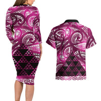 Matariki New Zealand Couples Matching Long Sleeve Bodycon Dress and Hawaiian Shirt NZ Niho Taniwha Maori New Year Pink Galaxy LT14 - Polynesian Pride