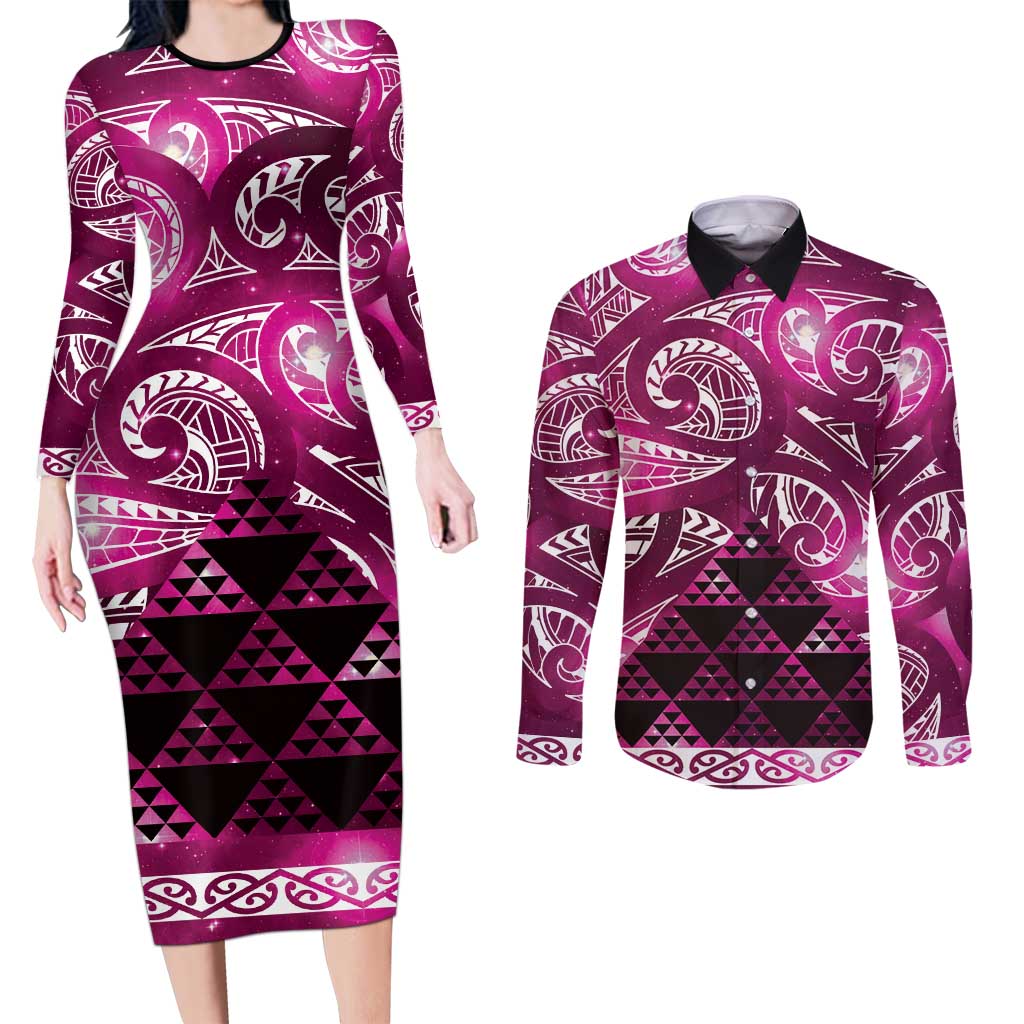 Matariki New Zealand Couples Matching Long Sleeve Bodycon Dress and Long Sleeve Button Shirt NZ Niho Taniwha Maori New Year Pink Galaxy LT14 Pink - Polynesian Pride