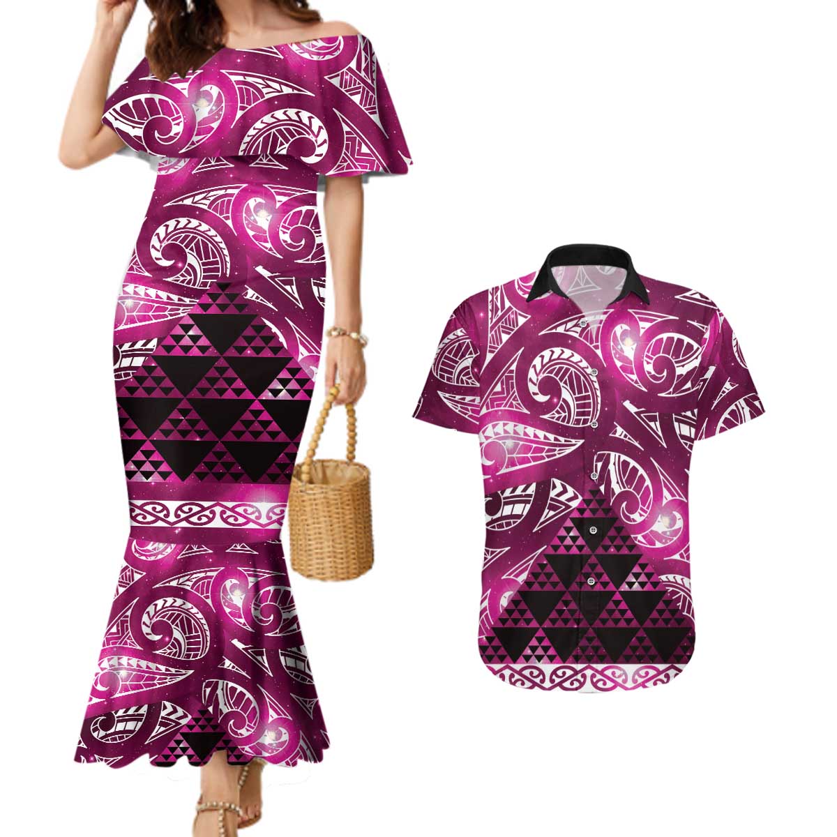 Matariki New Zealand Couples Matching Mermaid Dress and Hawaiian Shirt NZ Niho Taniwha Maori New Year Pink Galaxy