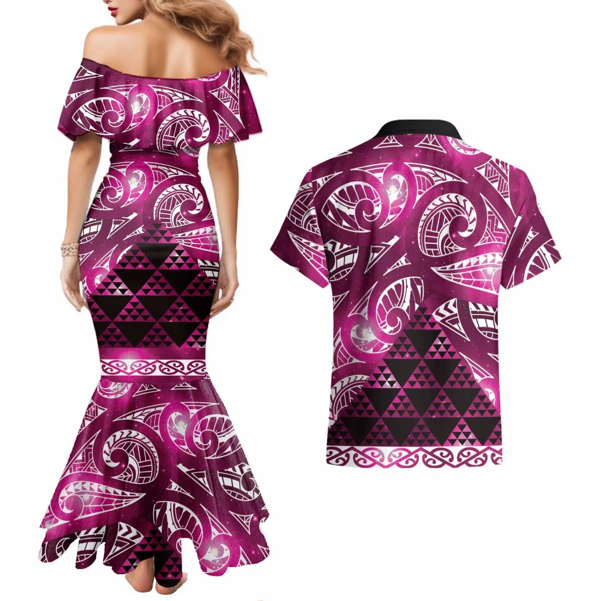 Matariki New Zealand Couples Matching Mermaid Dress and Hawaiian Shirt NZ Niho Taniwha Maori New Year Pink Galaxy LT14 - Polynesian Pride