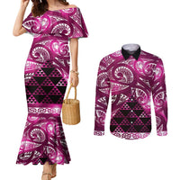 Matariki New Zealand Couples Matching Mermaid Dress and Long Sleeve Button Shirt NZ Niho Taniwha Maori New Year Pink Galaxy LT14 Pink - Polynesian Pride