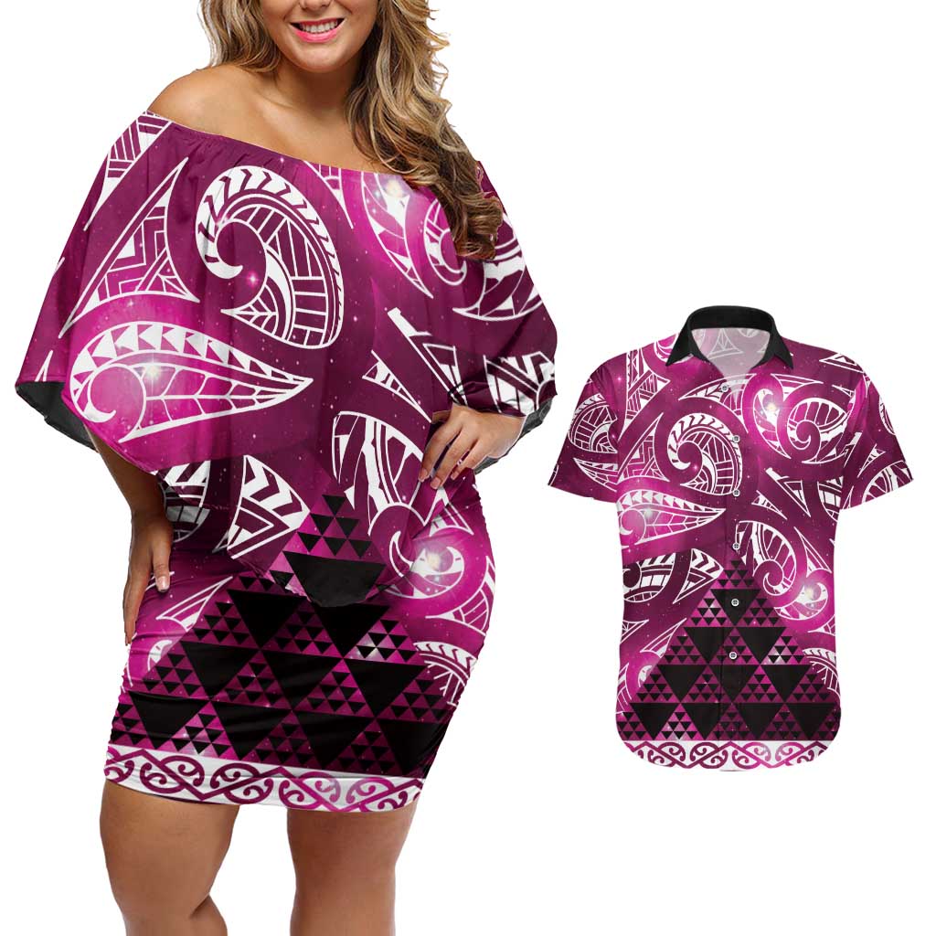 Matariki New Zealand Couples Matching Off Shoulder Short Dress and Hawaiian Shirt NZ Niho Taniwha Maori New Year Pink Galaxy LT14 Pink - Polynesian Pride