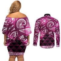 Matariki New Zealand Couples Matching Off Shoulder Short Dress and Long Sleeve Button Shirt NZ Niho Taniwha Maori New Year Pink Galaxy LT14 - Polynesian Pride