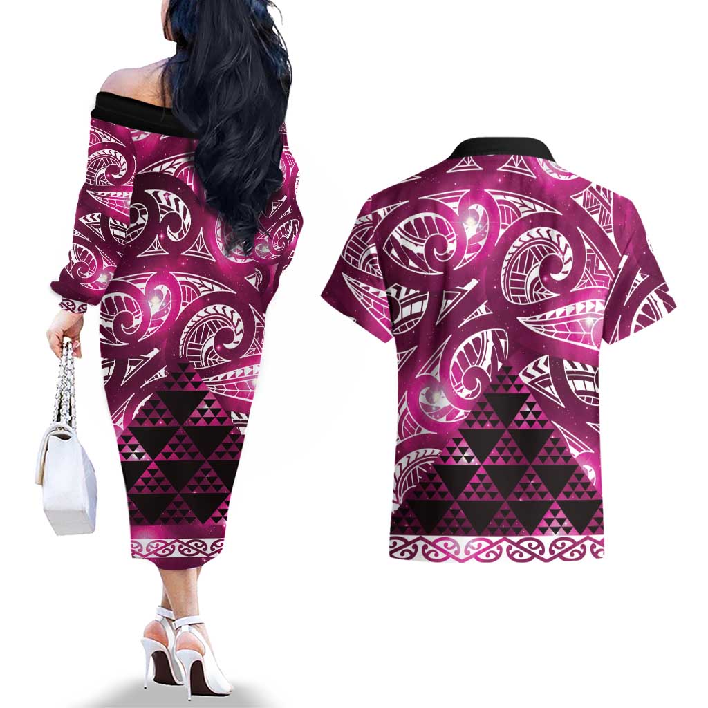 Matariki New Zealand Couples Matching Off The Shoulder Long Sleeve Dress and Hawaiian Shirt NZ Niho Taniwha Maori New Year Pink Galaxy LT14 - Polynesian Pride
