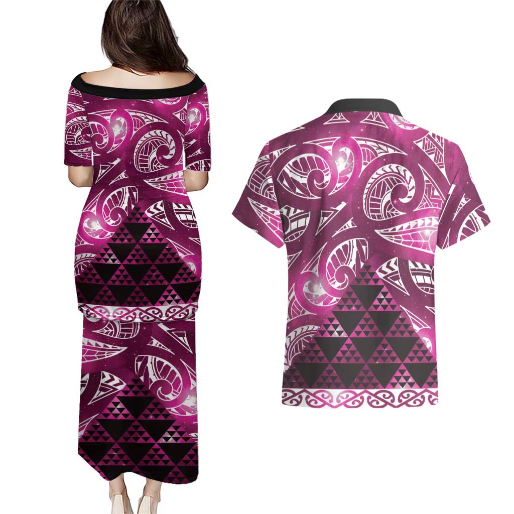 Matariki New Zealand Couples Matching Puletasi and Hawaiian Shirt NZ Niho Taniwha Maori New Year Pink Galaxy LT14 - Polynesian Pride