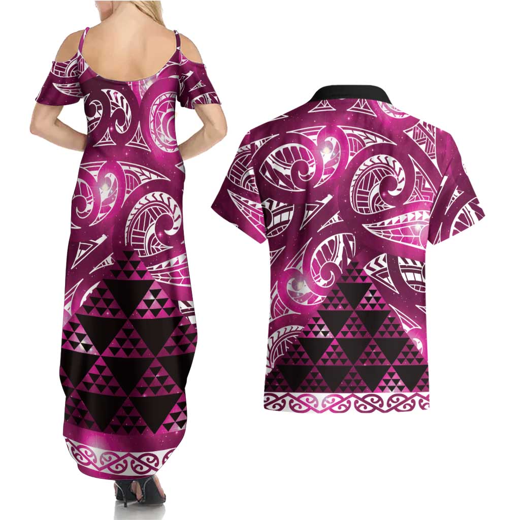Matariki New Zealand Couples Matching Summer Maxi Dress and Hawaiian Shirt NZ Niho Taniwha Maori New Year Pink Galaxy LT14 - Polynesian Pride