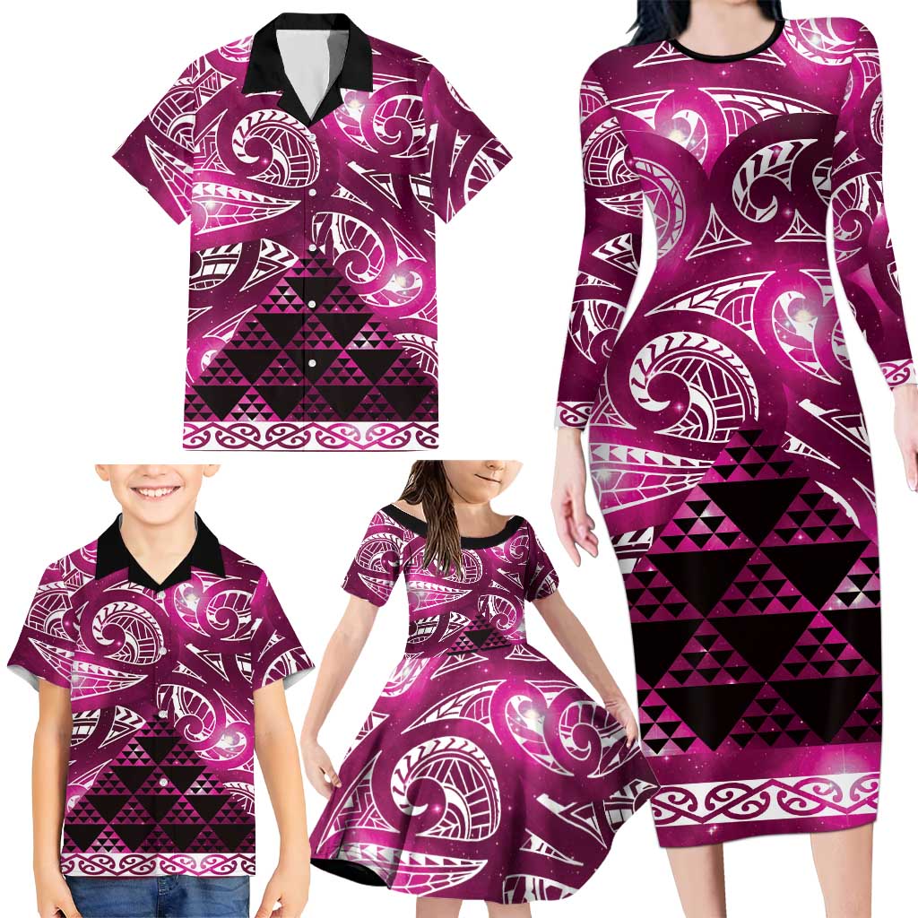 Matariki New Zealand Family Matching Long Sleeve Bodycon Dress and Hawaiian Shirt NZ Niho Taniwha Maori New Year Pink Galaxy LT14 - Polynesian Pride