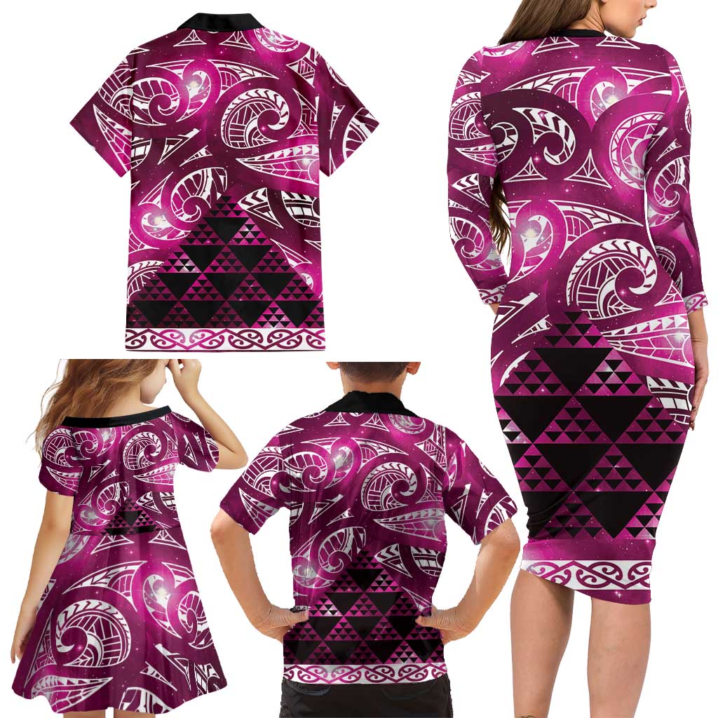 Matariki New Zealand Family Matching Long Sleeve Bodycon Dress and Hawaiian Shirt NZ Niho Taniwha Maori New Year Pink Galaxy LT14 - Polynesian Pride