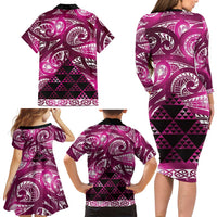Matariki New Zealand Family Matching Long Sleeve Bodycon Dress and Hawaiian Shirt NZ Niho Taniwha Maori New Year Pink Galaxy LT14 - Polynesian Pride