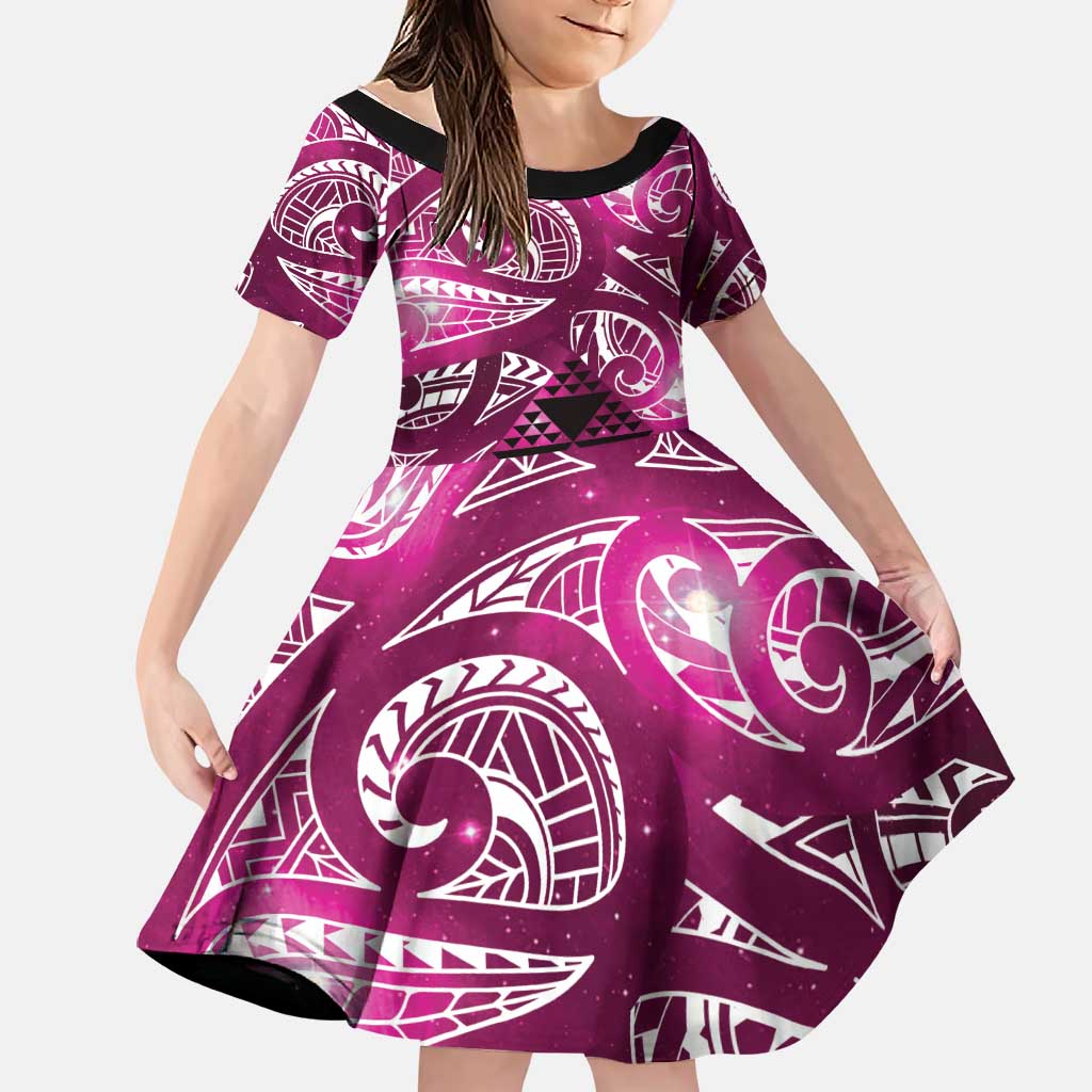 Matariki New Zealand Family Matching Off The Shoulder Long Sleeve Dress and Hawaiian Shirt NZ Niho Taniwha Maori New Year Pink Galaxy LT14 Daughter's Dress Pink - Polynesian Pride