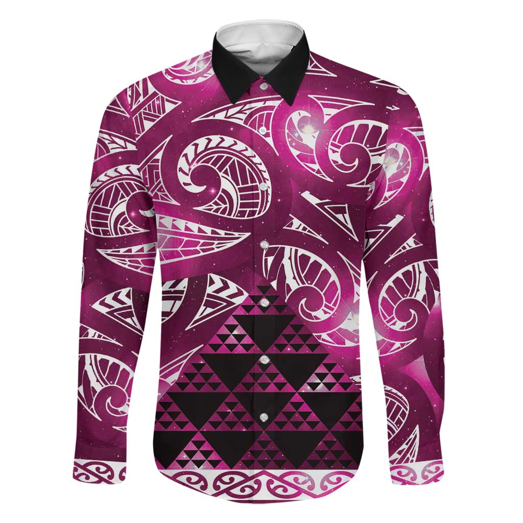 Matariki New Zealand Family Matching Off The Shoulder Long Sleeve Dress and Hawaiian Shirt NZ Niho Taniwha Maori New Year Pink Galaxy LT14 Dad's Shirt - Long Sleeve Pink - Polynesian Pride