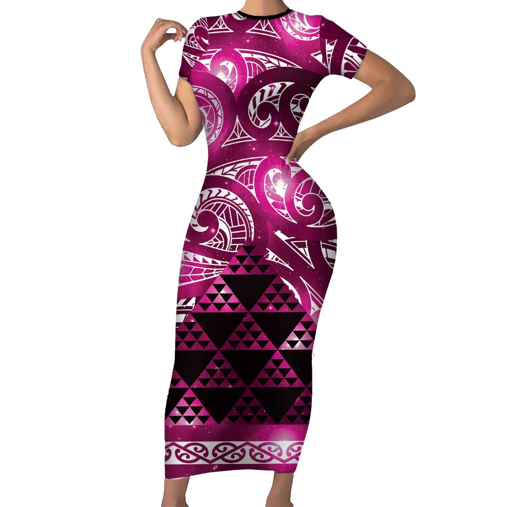 Matariki New Zealand Family Matching Short Sleeve Bodycon Dress and Hawaiian Shirt NZ Niho Taniwha Maori New Year Pink Galaxy LT14 Mom's Dress Pink - Polynesian Pride