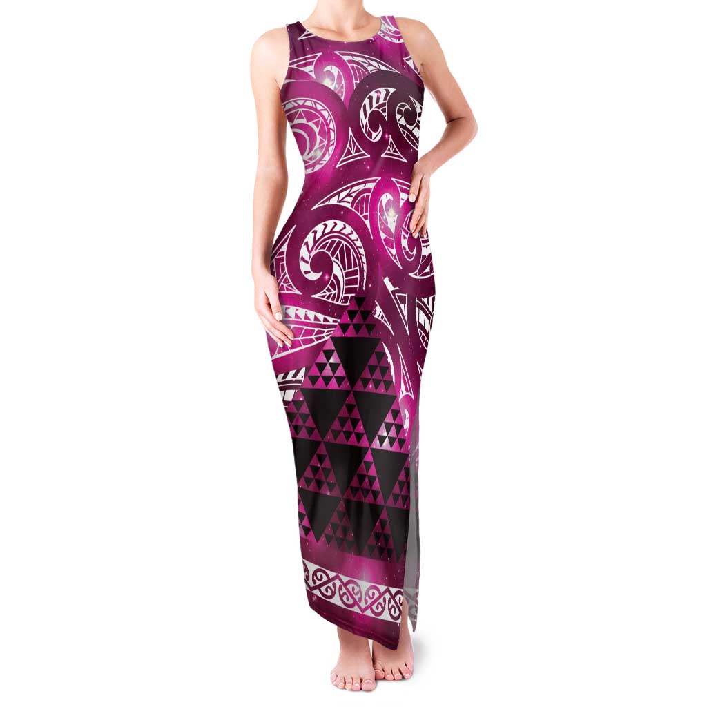 Matariki New Zealand Family Matching Tank Maxi Dress and Hawaiian Shirt NZ Niho Taniwha Maori New Year Pink Galaxy LT14 Mom's Dress Pink - Polynesian Pride