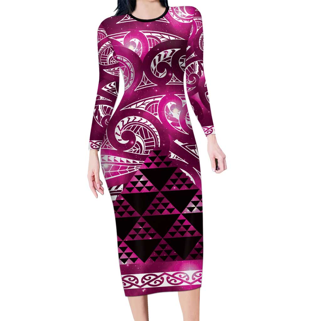 Matariki New Zealand Long Sleeve Bodycon Dress NZ Niho Taniwha Maori New Year Pink Galaxy