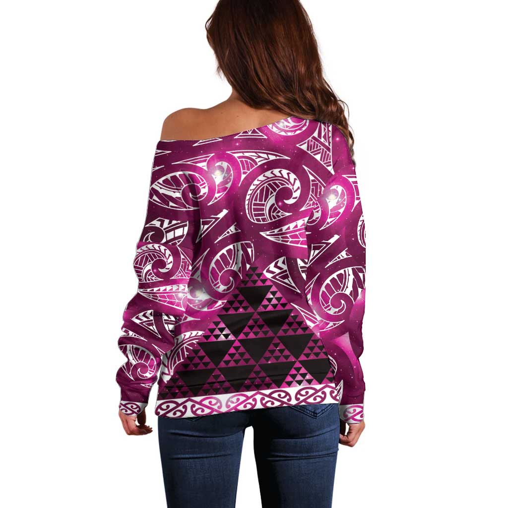 Matariki New Zealand Off Shoulder Sweater NZ Niho Taniwha Maori New Year Pink Galaxy