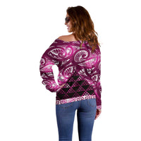 Matariki New Zealand Off Shoulder Sweater NZ Niho Taniwha Maori New Year Pink Galaxy