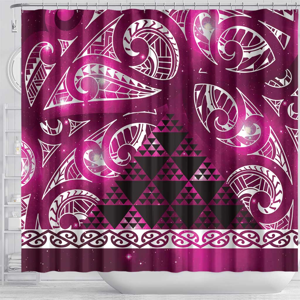 Matariki New Zealand Shower Curtain NZ Niho Taniwha Maori New Year Pink Galaxy