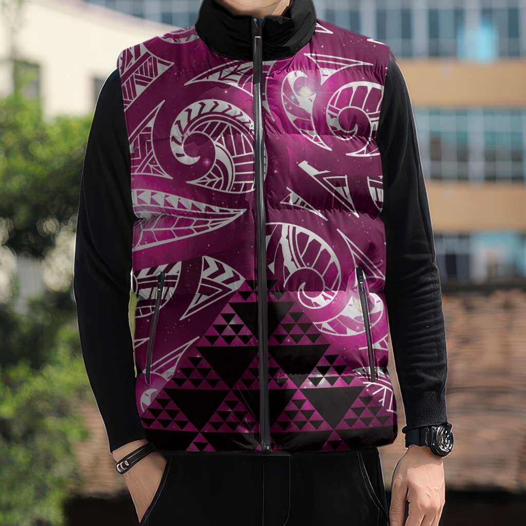 Matariki New Zealand Sleeveless Puffer Jacket NZ Niho Taniwha Maori New Year Pink Galaxy