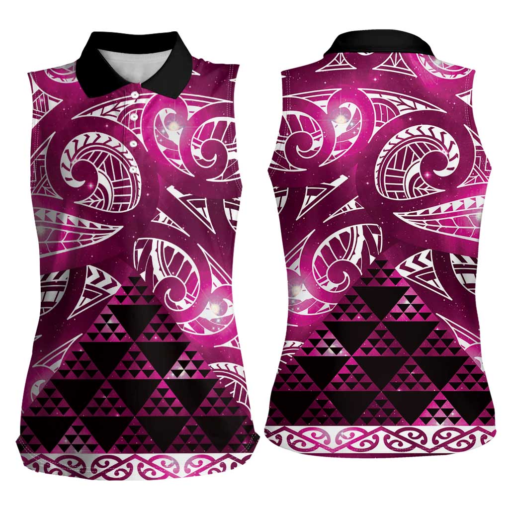 Matariki New Zealand Women Sleeveless Polo Shirt NZ Niho Taniwha Maori New Year Pink Galaxy LT14 - Polynesian Pride