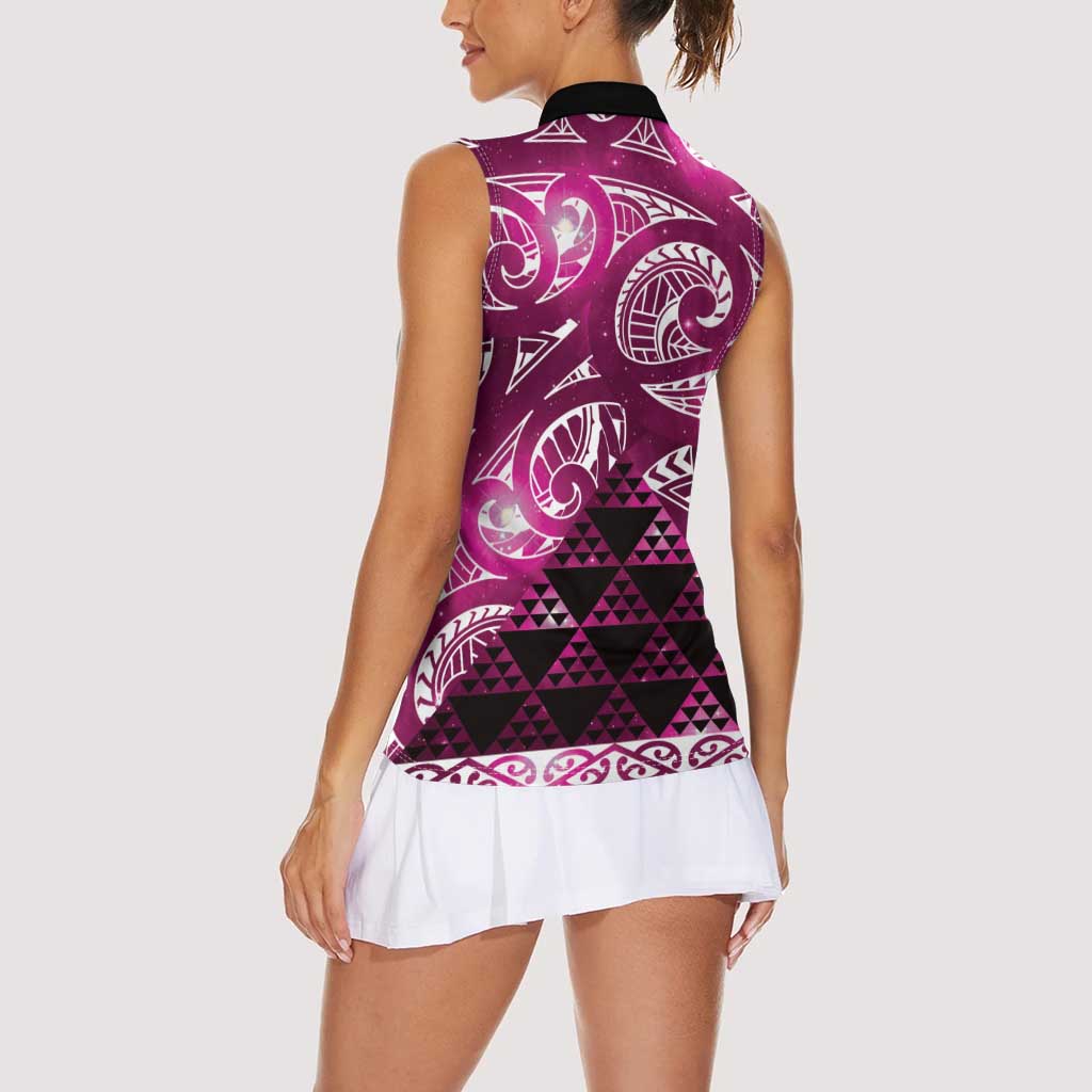 Matariki New Zealand Women Sleeveless Polo Shirt NZ Niho Taniwha Maori New Year Pink Galaxy LT14 - Polynesian Pride